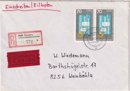 DDR - 2x70 Pfg. RGW-Tagung Eil-Einschreibebrief Dresden - Weinböhla 13.6.89