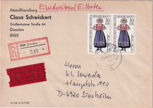 DDR - 2x70 Pfg. Sorbische Trachten Eil-Einschreibebrief Dresden Sinsheim 13.6.89
