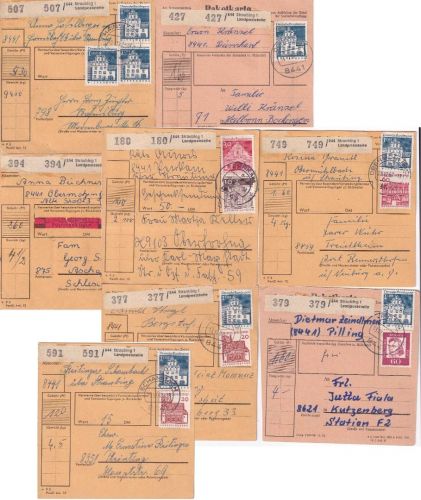 BRD - Straubing 1 Landpoststelle (versch. Orte) 9 Paketkarten 1967