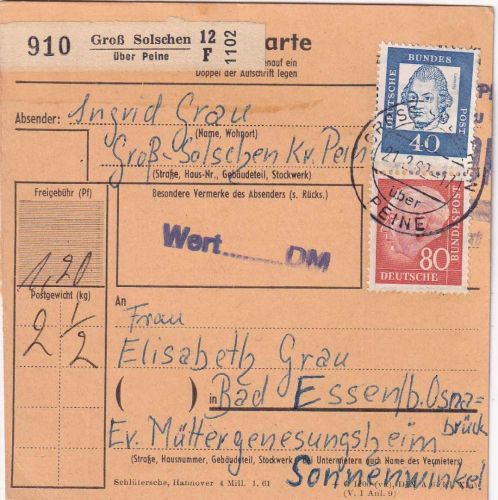 BRD - 80 Pfg. Heuss II + 40 Pfg. Bed. Dt. Paketkarte Groß Solschen ü. Peine 1962