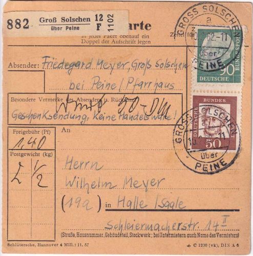 BRD - 90 Pfg. Heuss II + 50 Pfg. Bed. Dt. Paketkarte Groß Solschen ü. Peine 1962