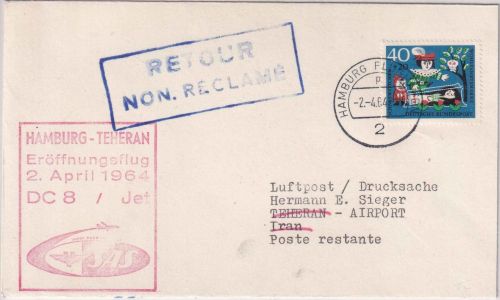 BRD - Scandinavian Airlines Erstflug Hamburg/Teheran Luftpostbrief 1964