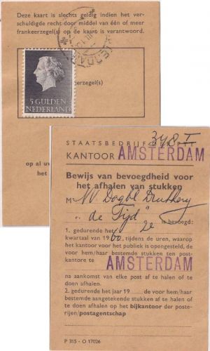 Niederlande - 5 Gld. Juliana Postausweiskarte s'Gravenhage-Rijswijkseweg 1959