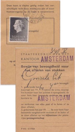 Niederlande - 5 Gld. Juliana Postausweiskarte s'Gravenhage-Rijswijkseweg 1959