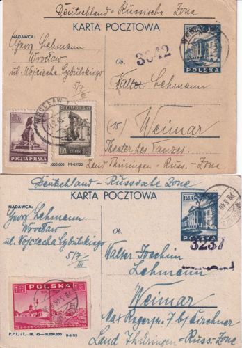 Polen - 1,50 Zl. Belvedere Ganzsache+Zusatz 2 Karten Wroclaw - Weimar 1946