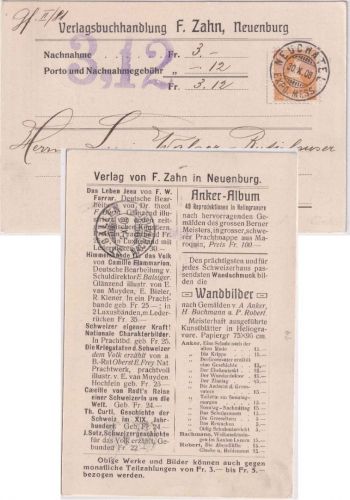 Schweiz - 12 Rp. Helvetia Nachnahme-Drucksachenkarte Neuchatel Exped. Mess. 1908