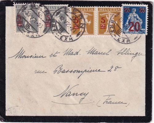 Schweiz - Tellknabe/Helvetia Überdruck Trauerbrief n. FRANKREICH Bern Nancy 1921