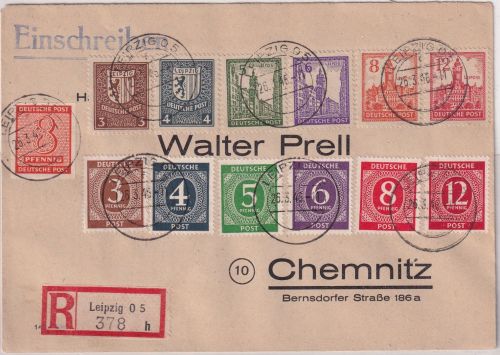 SBZ/Westsachsen - Abschiedsserie o.Wz. u.a. Einschreibebrief Leipzig 26.3.46