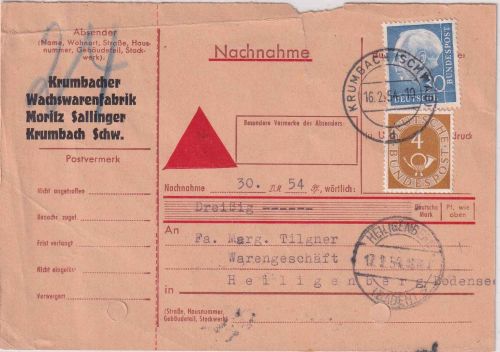 BRD - 30 Pfg. Heuss + 4 Pfg. Posthorn Nachnahmedrucksache Krumbach 16.2.54