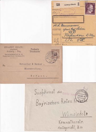 DR/All.Bes. - Arzberg (Oberfr.) 3 Belege ex 1924/1946 darunter 23.2.45 !!