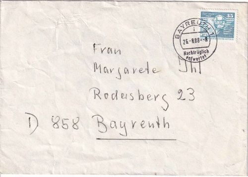 DDR - 35 Pfg. Aufbau/klein Brief Bayreuth "Nachträglich entwertet" 1988