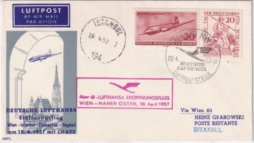 DDR - Lufthansa Erstflug Wien/Istanbul Zuleitungspost 18.4.57 - selten !