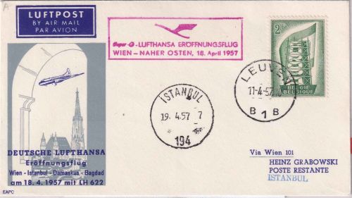 Belgien - Lufthansa Erstflug Wien/Istanbul Zuleitungspost 18.4.57 - selten !