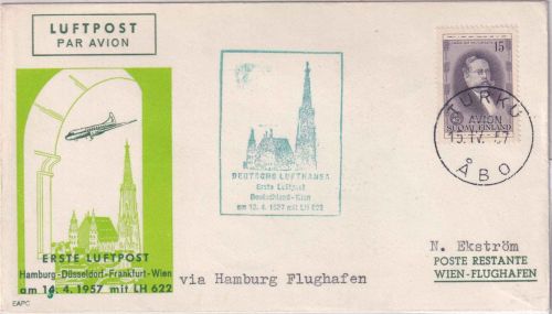 Finnland - Lufthansa Erstflug Hamburg/Wien Zuleitungspost 18.4.57 - selten !