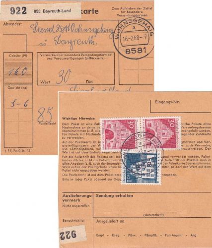 BRD - Bayreuth Land (Wohnsgehaig) Paketkarte n. Nürnberg 1968