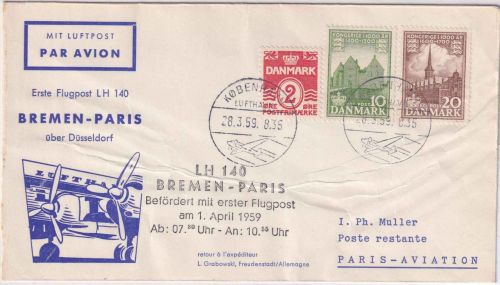 Dänemark - Lufthansa Erstflug Bremen/Paris Zuleitungspost 1.4.59 - sehr selten !