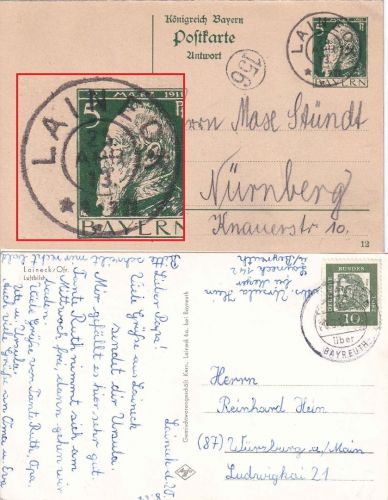 Bayern/BRD - Laineck Ganzsache (A-Teil) 1913 + Ansichtskarte/Poststelle I 1962
