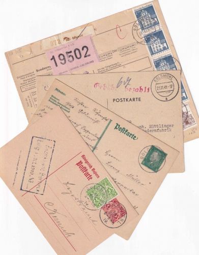 Bayern/DR/All.Bes./BRD - Goldmühl 4 Belege (u.a. Geb.bez., Paketkarte) 1919/68