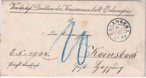 Bayern - Erlangen 1905 unfrank. Dienstbrief n. Kainsbach - Nachporto