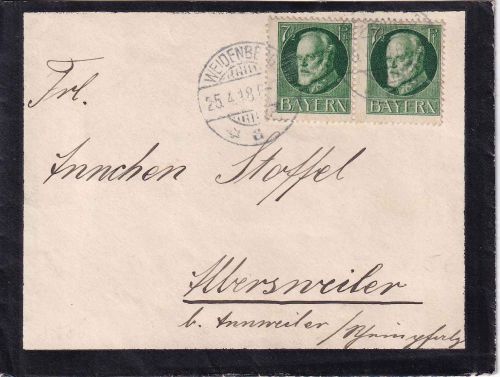 Bayern - 2x7 1/2 Pfg. Ludwig Trauerbrief Weidenberg - Albersweiler 25.4.18
