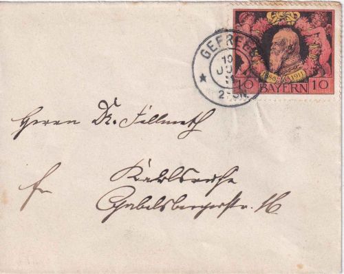 Bayern - 10 Pfg. Luitpold Jubiläum Brief K2 Gefrees - Karlsruhe 10.6.11