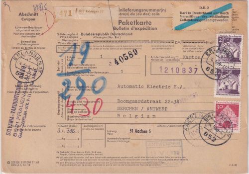 BRD - 2x2 DM+30 Pfg. Bauwerke Paketkarte n. BELGIEN Erlangen 17 - Brüssel 1969