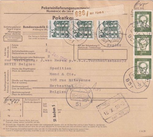 DR - 3x2 DM Bed. Deutsche u.a. Paketkarte n. BELGIEN Fürth 5 - Herbesthal 1966