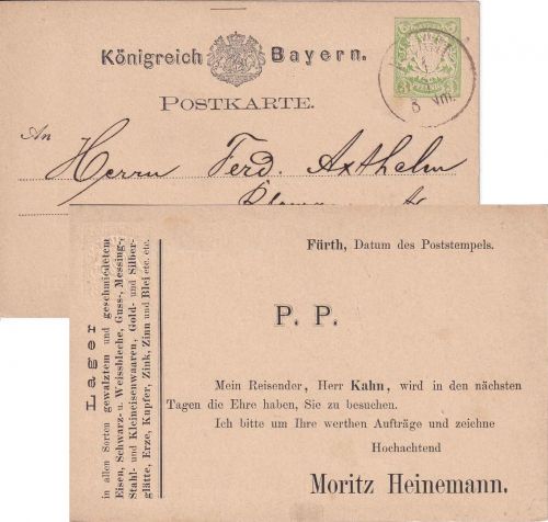 Bayern - 3 Pfg. Wappen Ganzsachenkarte Privatzudruck K1 Fürth - Coburg 1/1