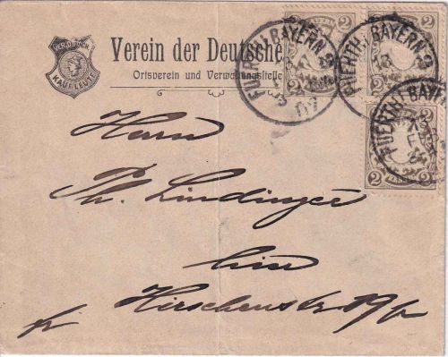 Bayern - 3x2 Pfg. Wappen illustr. Ortsbrief (Verein d. Dt. Kaufleute) Fürth 1907