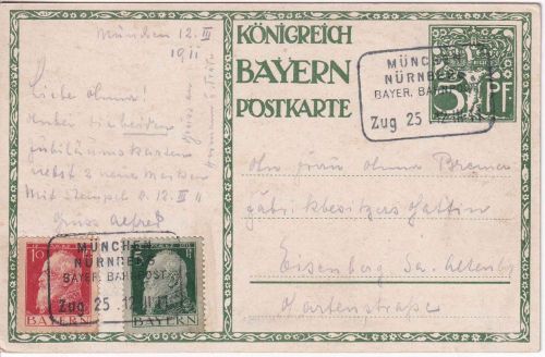 Bayern - 5 Pfg. Jubiläums-Ganzsache+Zusatz Bahnpost München/Nürnberg 12.3.11