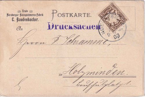Bayern - 3 Pfg. Wappen Drucksachenkarte (Spielwaren) Nürnberg - Holzminden 1903