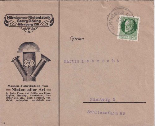 Bayern - Nürnberg 1915 illustrierter Firmen-Ortsbrief (Nietenfabrik Döring)