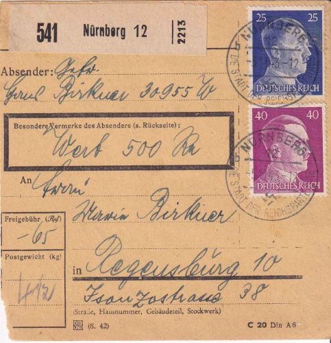 DR - 25+40 Pfg. AH Wertpaketkarte Nürnberg 12 - Regensburg 1943