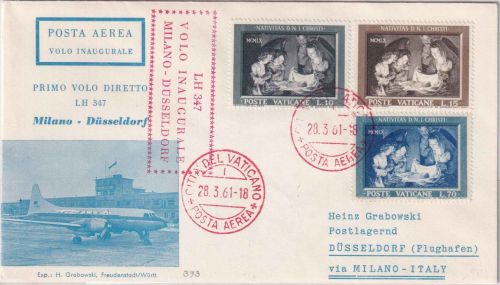 Vatikan - Lufthansa Erstflug Mailand/Düsseldorf Zuleitungspost 1.4.61 RR!