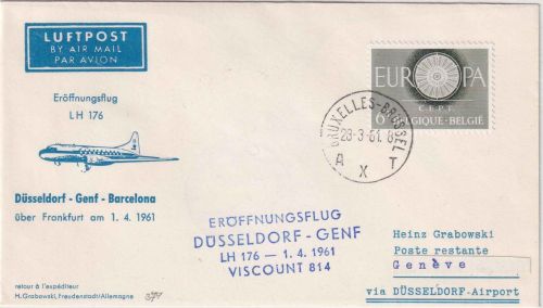 Belgien - Lufthansa Erstflug Düsseldorf/Genf Zuleitungspost 1.4.61 sehr selten !