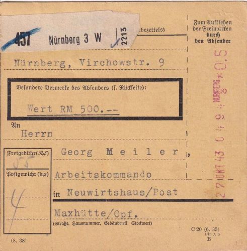 DR - Nürnberg 3W 1943 55 Pfg. Registrierkassen-Stpl. Wertpaketkarte