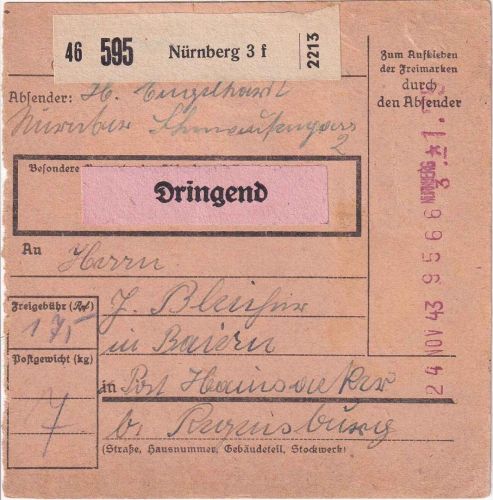 DR - Nürnberg 3f 1943 175 Pfg. Registrierkassen-Stpl. Dringend-Paketkarte