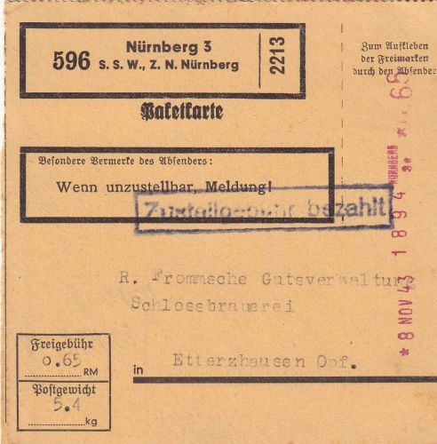 DR - Nürnberg 3 "S.S.W." 1943 65 Pfg. Registrierkassen-Stpl. Paketkarte