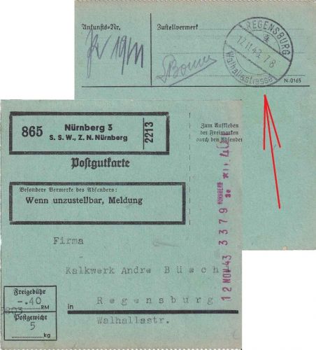 DR - Nürnberg 3 "S.S.W." 1943 40 Pfg. Registrierkassen-Stpl. Postgut-Paketkarte