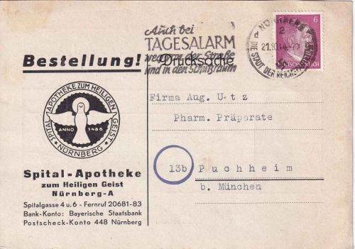 DR - Nürnberg "Auch bei Tagesalarm..." 1944 illustr. Firmenkarte n. Puchheim
