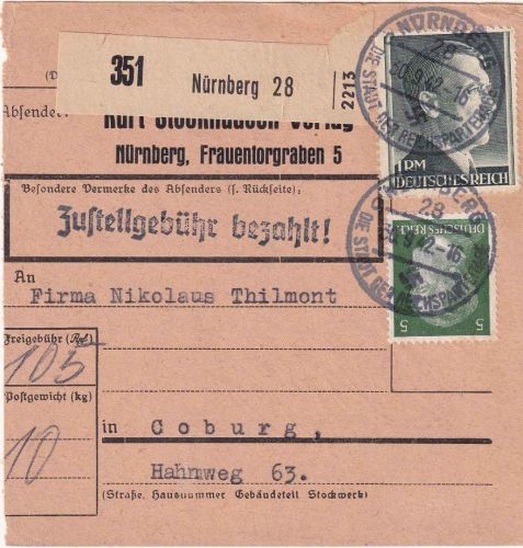 DR - 1 RM + 5 Pfg. AH Paketkarte Nürnberg 28 - Coburg 30.9.42
