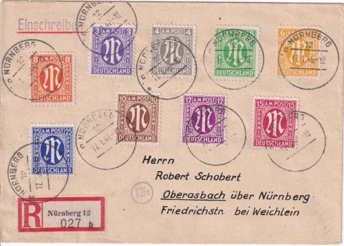 AM-Post - Amerik. Druck (Satz/9 Werte) Einschreibebrief Nürnberg 12 - 17.1.46