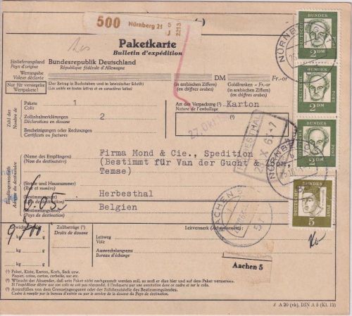 BRD - 3x2 DM+5 Pfg. Bed. Deutsche Paketkarte n. BELGIEN Nürnberg 21 1963