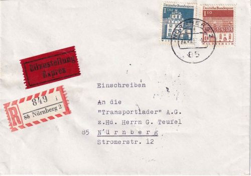 BRD - 1+1,10 DM Bauwerke Orts-Eil-Einschreibebrief Nürnberg 1967