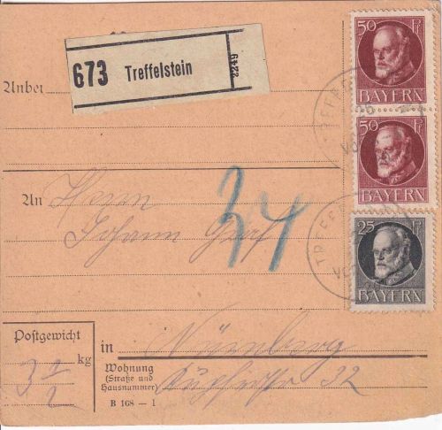 Bayern - 2x50+25 Pfg. Ludwig Paketkarte Treffelstein - Nürnberg 26. JAN 20