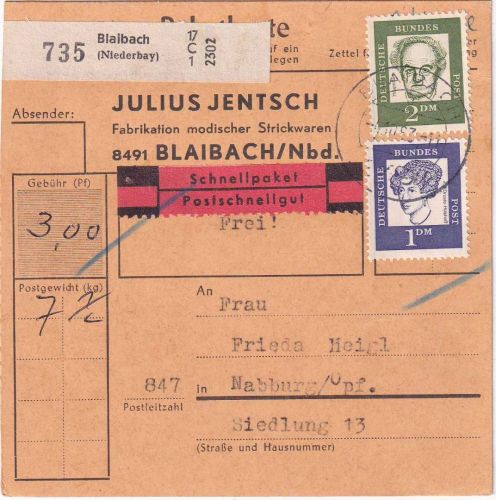 BRD - 2+1 DM Bed. Deutsche Schnellpaketkarte Blaibach - Nabburg 1963