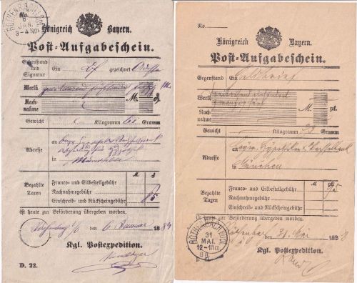 Bayern - Röthenbach Opf. 2 Postaufgabescheine f. Wertbriefe 1884/1888