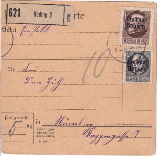 Bayern - 1 M. + 25 Pfg. Ludwig/Freistaat Paketkarte Roding 2 Nürnberg 13. JAN 20