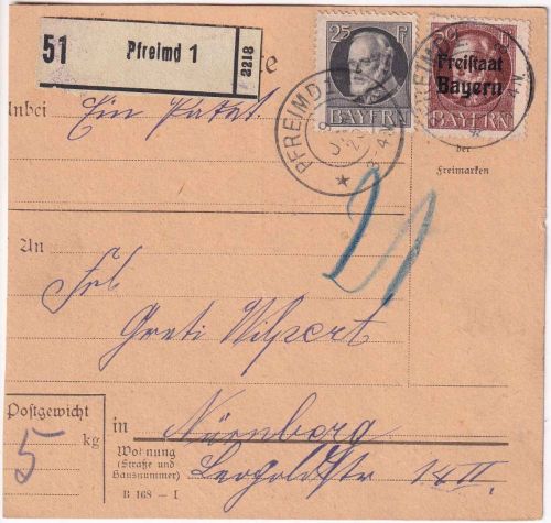 Bayern - 50 Pfg. Ludwig/Freistaat u.a. Paketkarte Pfreimd - Nürnberg 9. JAN 20