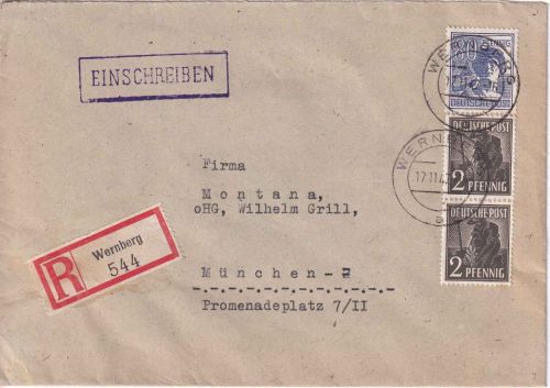 All.Bes. - 80+2x2 Pfg. Arbeiter Einschreibebrief Wernberg - München 1947